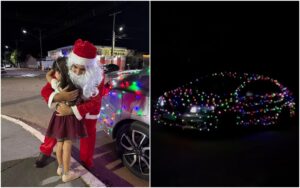 nesta:-papai-noel-chega-em-festa-com-carro-coberto-de-luzes-de-natal-e-diverte-a-web:-‘folga-para-as-renas’