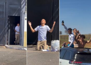 video:-buzeira-e-aplaudido-por-fas-e-se-ajoelha-para-agradecer-saida-de-presidio-no-interior-de-sp